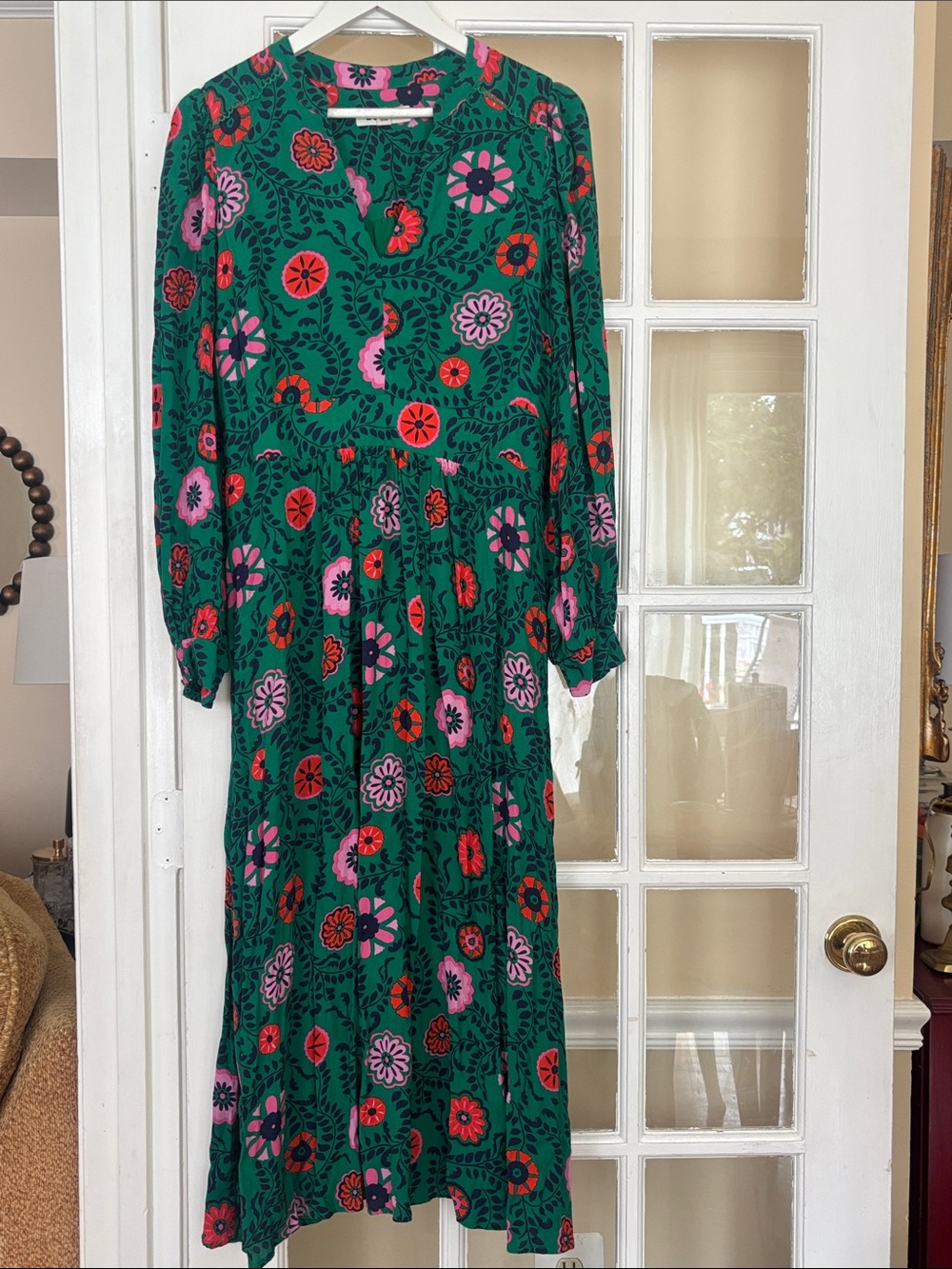 Boden Green Maxi Dress with Pink & Red Floral Print